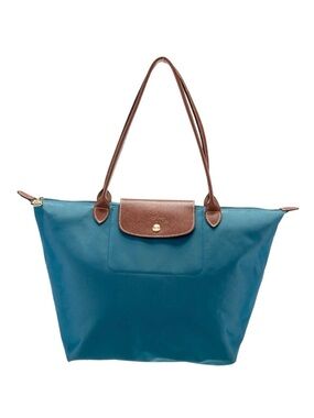 Longchamp Teal Tote with Brown Leather Trim